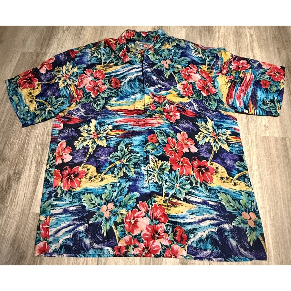 Hilo Hattie Hawaiian Shirt Mens Large Blue Silk Tropical Palm Tree Floral Aloha